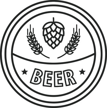 Beer label design with hop and wheat icons in circle outline, vintage stamp style, emblem for beverage company.