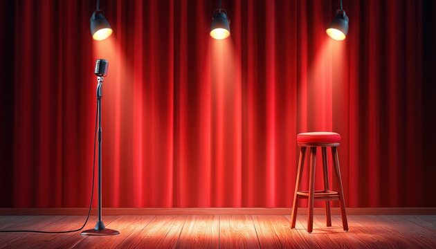 A microphone stand and a red stool under three spotlights on a wooden stage with red curtains in the background.