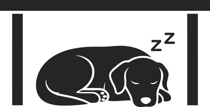 Sleeping dog silhouette under a table, cozy animal rest, peaceful canine relaxation, simple illustration.