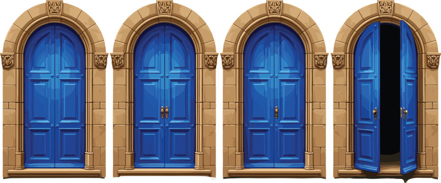 Blue medieval arched wooden door set with stone frame entrance in closed and open positions vector