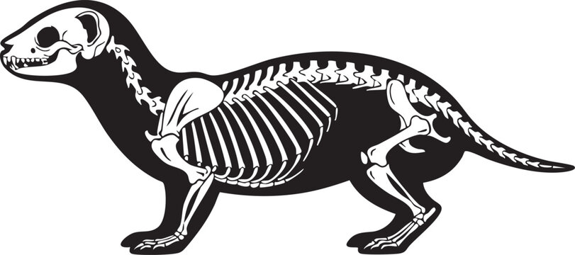 Skeleton of a ferret walking on white background with no people