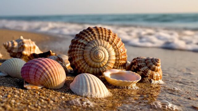 Close up of seashells on the beach with ocean waves in the background