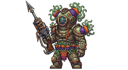Fototapeta premium Steampunk Diver Holding Harpoon Gun Underwater Adventure Character.