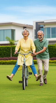 happy indian senior couple enjoying together on cycle at park