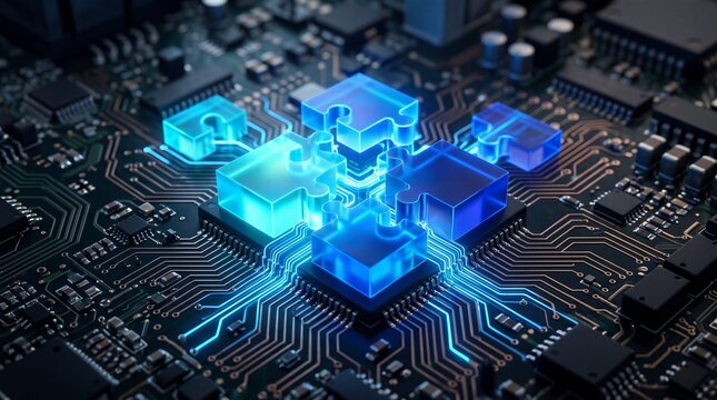 Futuristic circuit board with glowing blue components and intricate connections.