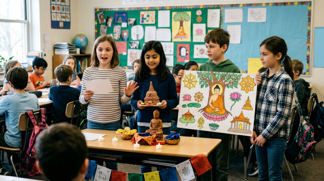 Girl student presenting Buddhism project with classmates in classroom. Children showing clay model and poster about Buddha, dharma wheel and lotus. Religion studies and education concept.