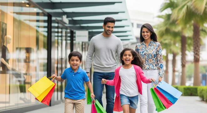happy indian family holding shopping bags walking together
