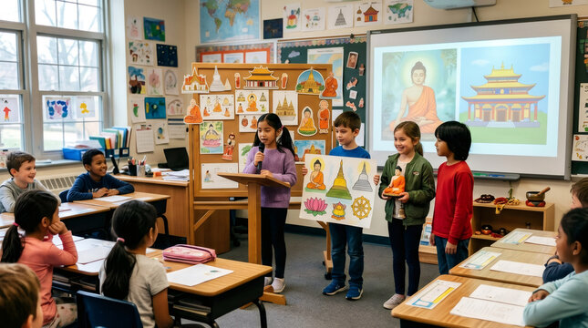 Asian girl student giving presentation about Buddhism in classroom. Caucasian and Asian boy and girl helping with displays on religion and culture. Diversity in elementary school education.