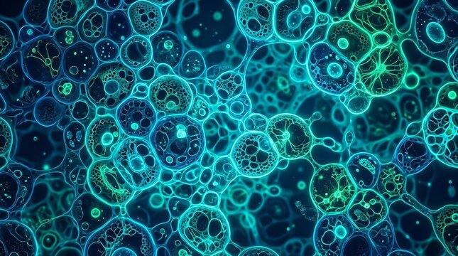 Abstract Microscopic Blue Cells and Biological Molecules Background