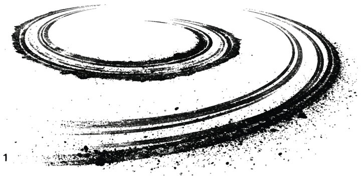 Black tire tracks forming a circular spiral shape on the ground
