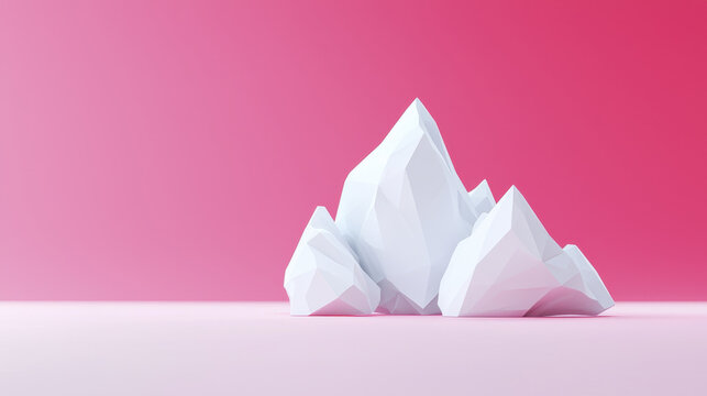 Low poly 3D model of white mountain peaks on pink background, creating modern and artistic visual