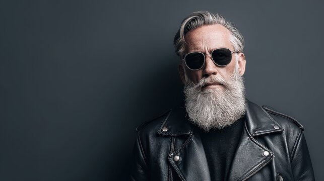 Stylish senior man with a long beard wearing sunglasses and a leather jacket