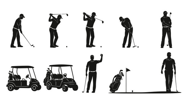 Golfers in various poses and golf carts.
