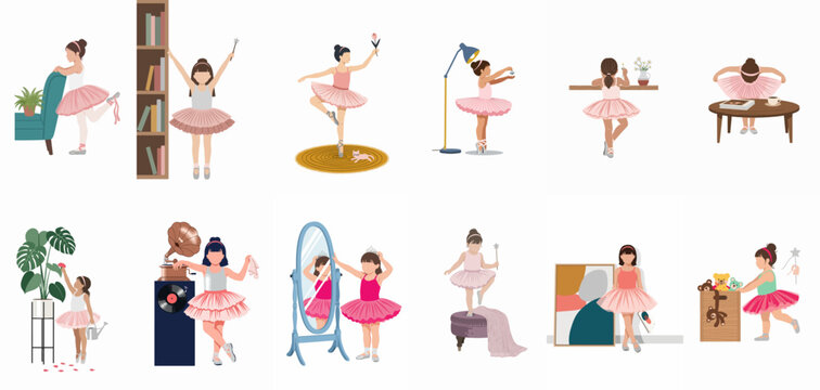 Set of twelve flat vector illustrations featuring a young ballerina girl in a pink tutu during different everyday moments in a home setting.