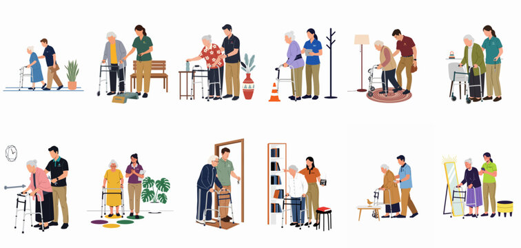 Set of flat vector illustrations showing caregivers and nurses assisting elderly seniors with walking frames in various home and medical rehabilitation settings.