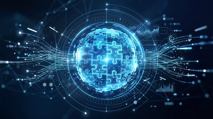 Fototapeta premium Futuristic digital puzzle interlocking blue API integration concept. Futuristic digital globe with interconnected lines and puzzle patterns symbolizing data.