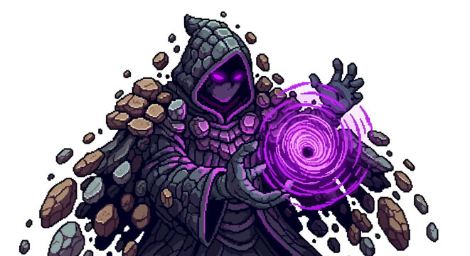 Mysterious hooded sorcerer casting powerful purple magic spell.