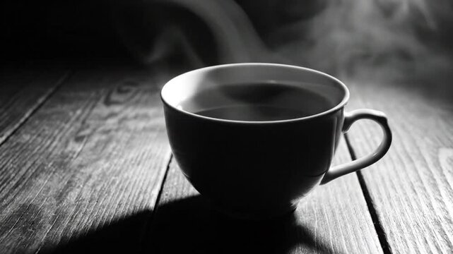 Steaming cup of tea in monochrome setting on a rustic wooden table with low key lighting