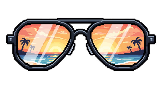 Pixel Art Aviator Sunglasses Reflecting Tropical Sunset Beach Scene.