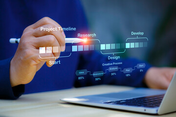 Fototapeta premium Creative workflow concepts, along with digital strategies, brainstorming, analysis, planning, and innovation initiation using a virtual screen.