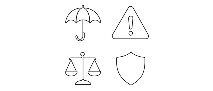 Professional vector icon set collection of 4 minimalist line icons featuring an umbrella for insurance, a warning triangle for risk alert, a balancing scale for justice, and a shield for safety.
