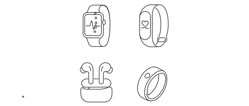 Wearable Technology Vector Icon Set of 4 Icons: Smart Watch, Fitness Tracker Band, Wireless Earbuds, and Smart Ring. Minimalist Line Art Collection with Editable Stroke for Health and Lifestyle.