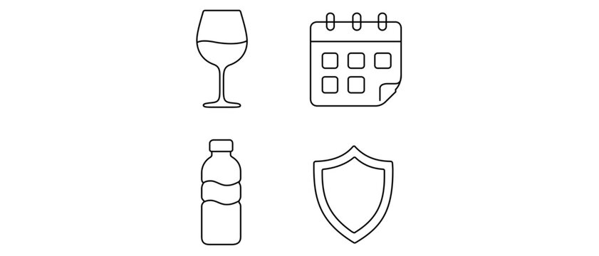 Personal Health and Lifestyle Vector Icon Set of 4 Minimalist Line Icons: Wine Glass for Alcohol Moderation, Calendar Schedule, Water Bottle for Hydration, and Protection Shield. Editable Stroke.