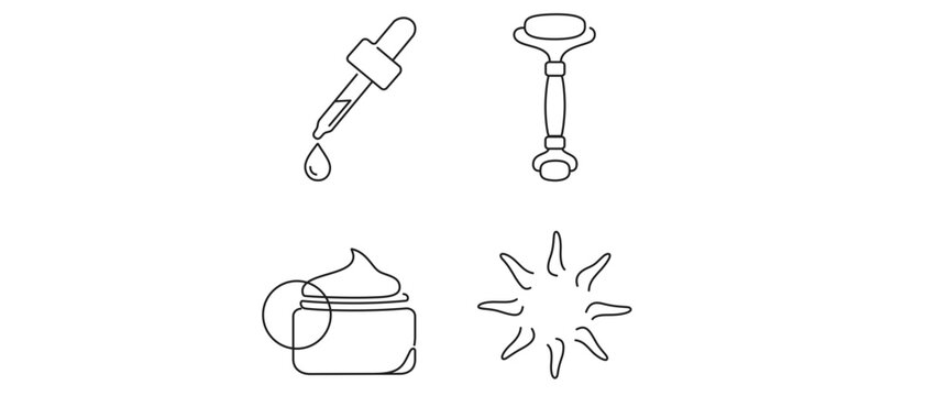 Skincare Beauty Routine Vector Icon Set with Editable Stroke. Collection of 4 Minimalist Line Icons featuring Serum Dropper, Face Roller, Moisturizer Cream Jar, and Sun Protection SPF.