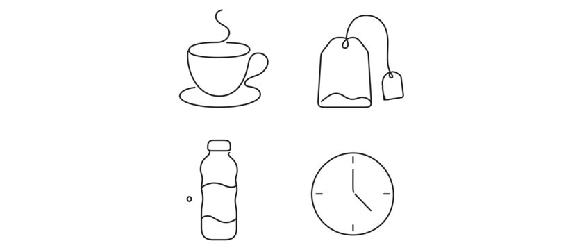 Caffeine Reduction and Healthy Lifestyle Vector Icon Set of 4 Icons with Editable Stroke. Minimalist Line Art Collection Featuring Coffee Cup, Tea Bag, Water Bottle, and Clock for Daily Wellness.