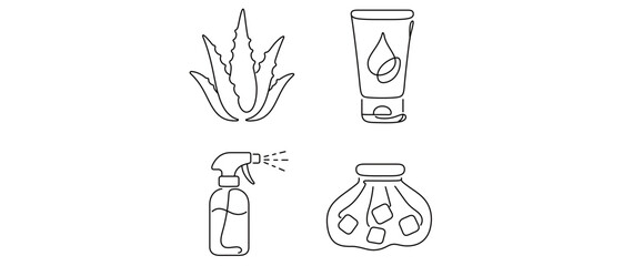 Naklejka premium Sunburn Relief Vector Icon Set featuring Aloe Vera Leaf, Gel Tube, Spray Bottle, and Ice Pack. Collection of 4 Minimalist One Line Icons with Editable Stroke for Skincare and First Aid.