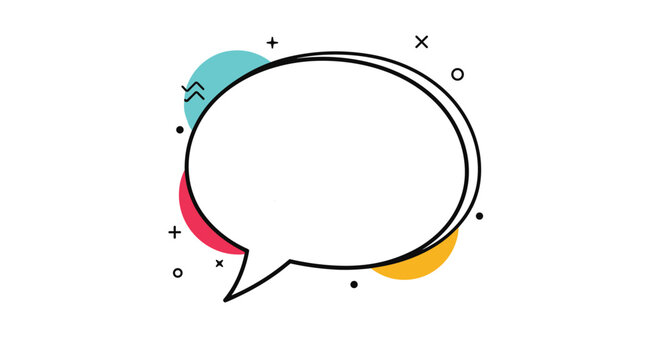 Blank speech bubble with colorful abstract geometric shapes around it for message announcement and comic style design.