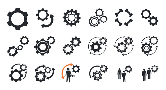Large set of gear and mechanism icons including process wheels, teamwork concepts, and system integration symbols.