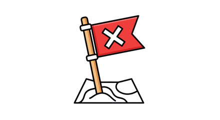 Fototapeta premium Red flag with cross mark on map, marking destination or error, vector illustration