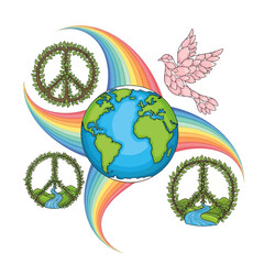 Naklejka premium Earth Represents Peace and Nature with Rainbow and Dove Illustrations