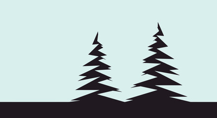 Fototapeta premium Silhouette of two stylized pine trees standing on a flat horizon line against a pale blue sky in a minimalist landscape composition.