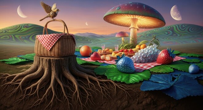 whimsical fantasy picnic under glowing mushrooms and moonscape at dusk