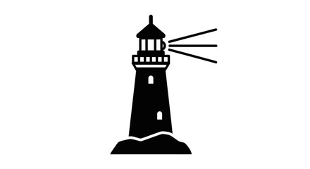 Black silhouette of a lighthouse emitting light beams against a white background. © Tailan