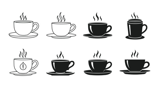 Assorted black and white icons of steaming coffee and tea cups on saucers representing breakfast, cafes, and hot beverage breaks.