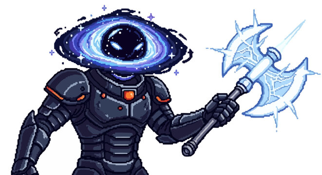 Cosmic Warrior with Galaxy Head and Crystal Axe.