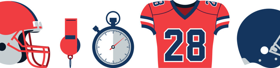 Football Sports Equipment Vector Set with Helmet, Whistle, Stopwatch, and Jersey for Athletic, Game, and Sports DesignsFootball Sports Equipment Vector Set with Helmet, Whistle, Stopwatch, and Jersey  © Mokbul