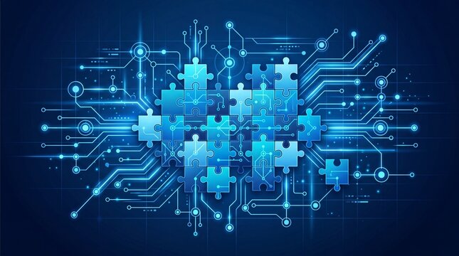 Futuristic digital puzzle pieces connected by circuit patterns on a vibrant blue background.