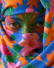Fototapeta premium Close-up portrait of a woman with floral face paint and vibrant headscarf, showcasing intricate patterns and colors against a blurred background