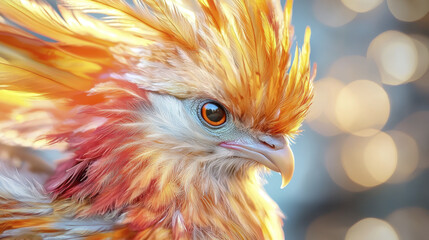 Fototapeta premium Stunning photorealistic portrait of colorful bird with vibrant orange and yellow feathers, showcasing intricate details