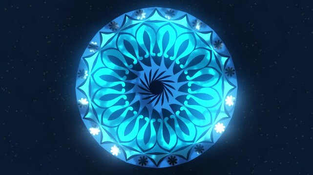 Glowing Blue Mandala on a Dark Background, Colorful Mandala, A vibrant blue mandala design with a glowing effect centered against a dark background.