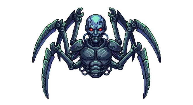 Mechanical Spider Robot with Red Eyes and Sharp Claws.