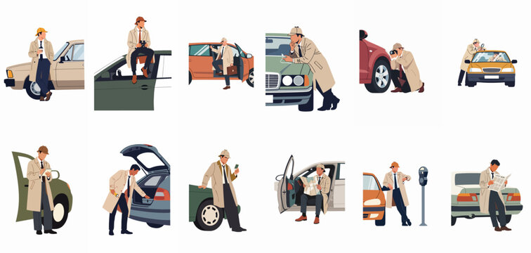 Collection of flat vector illustrations of a classic detective character in a trench coat and deerstalker hat investigating various cars.