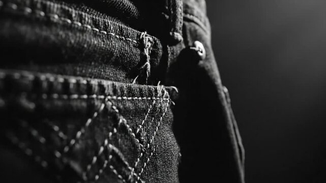 Black and white close-up of dark denim jeans with visible stitching and a button on a dark background