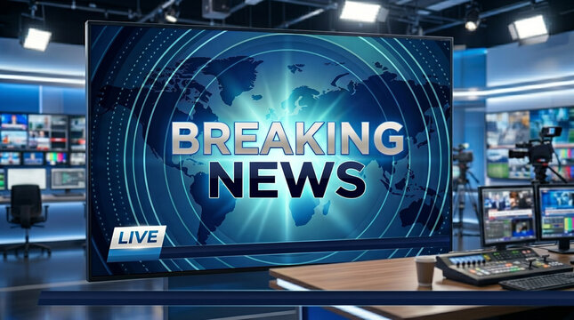 Large digital screen displaying breaking news inside a modern television broadcast studio