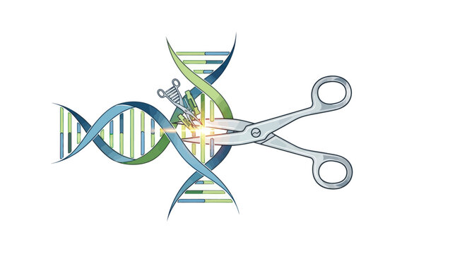 Gene editing scissors cutting DNA helix strand, biotechnology concept