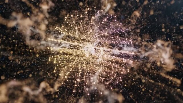 Glowing particles form a complex geometric sphere and network structure in a deep cosmic space environment